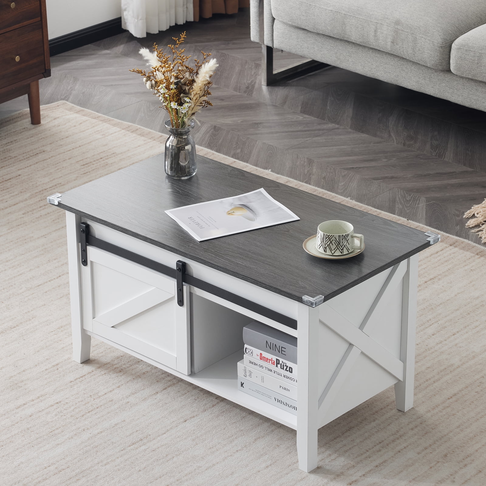 Ktaxon Farmhouse Coffee Table with Lift Top, 36" Antique Coffee Table with Storage Sliding Barn Door Television Cabinet for Small Space, Ash Gray & White